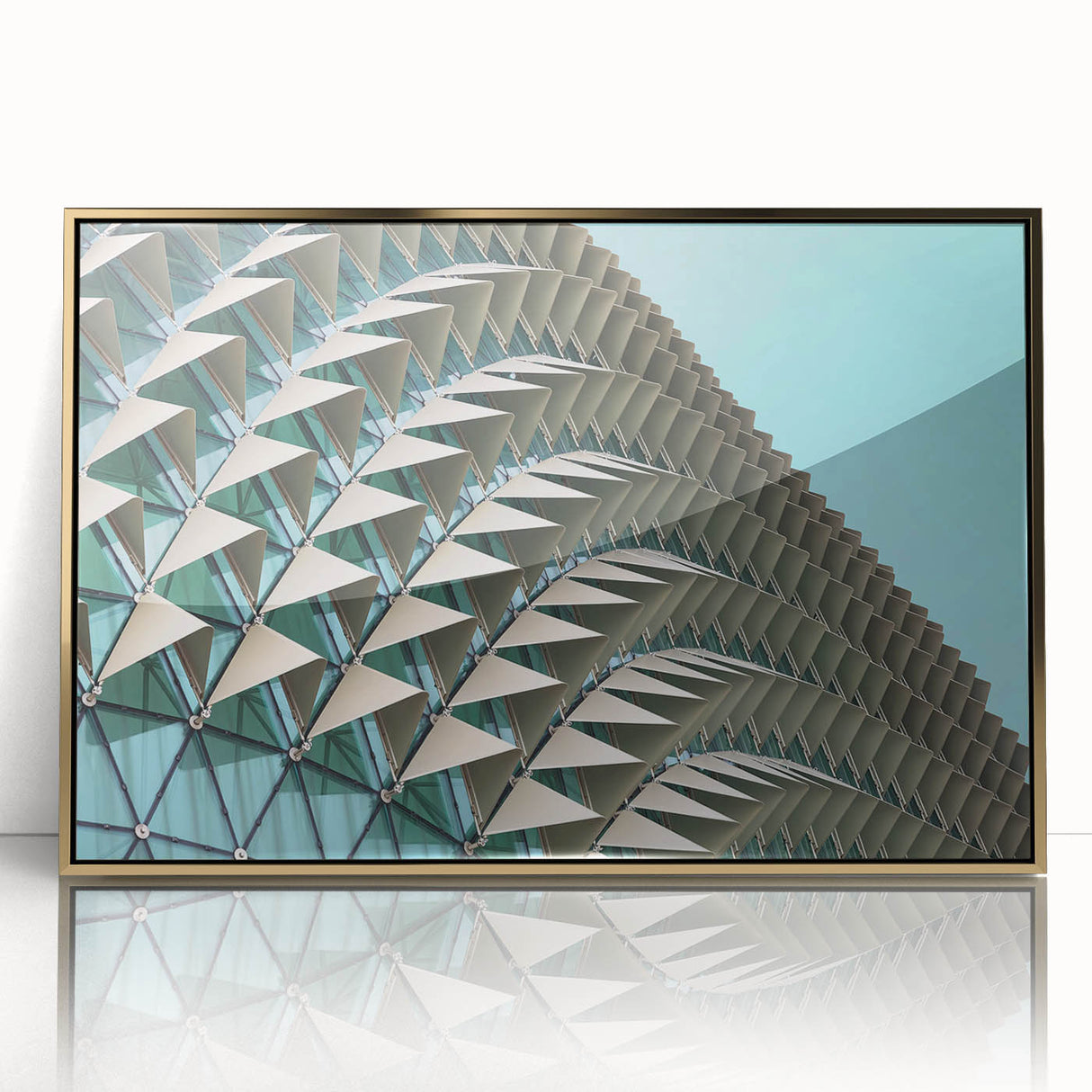 Mid-century modernist art deco poster featuring geometric shapes in gold and black, acrylic framed.
