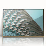 Mid-century modernist art deco poster featuring geometric shapes in gold and black, acrylic framed.