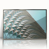 Art deco poster featuring geometric patterns in silver and black, framed acrylic, ideal for modern art wall decor.