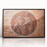 Large abstract wall art in vibrant blue and orange on acrylic, framed, ideal for modern living room decor.