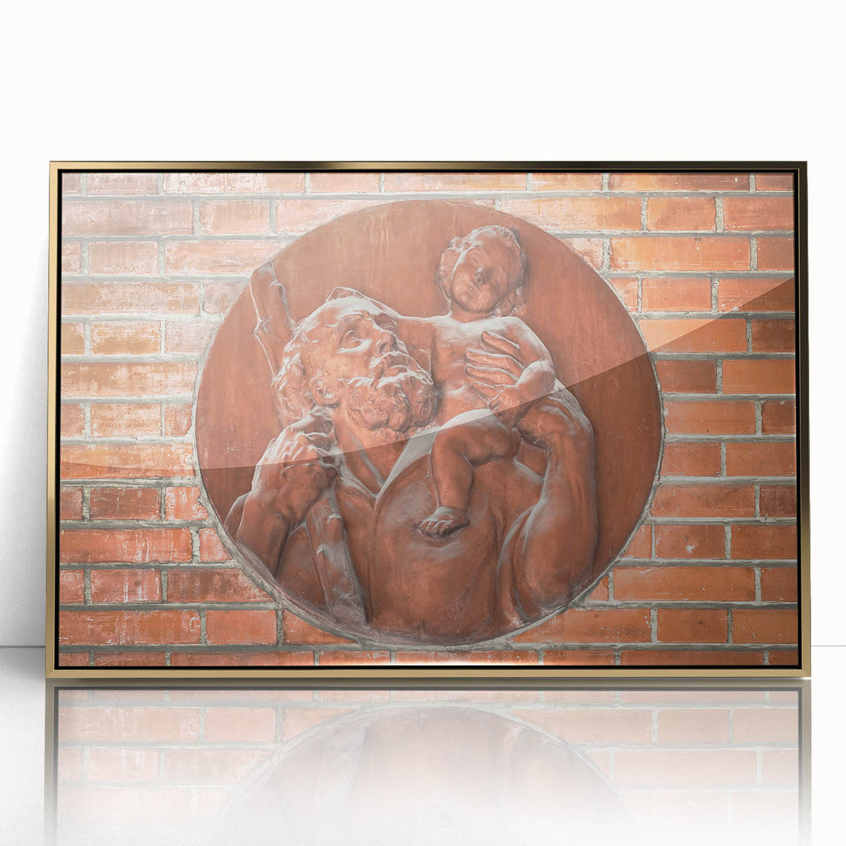 Framed acrylic print of a mid-century modernist abstract design in gold and white tones, ideal for nursery wall decor.