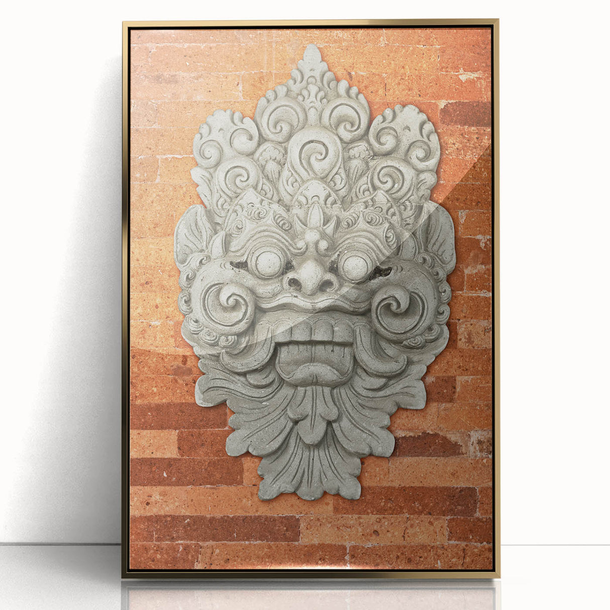 Large art print of abstract shapes in gold and white on acrylic, framed, in a mid-century modernist style.