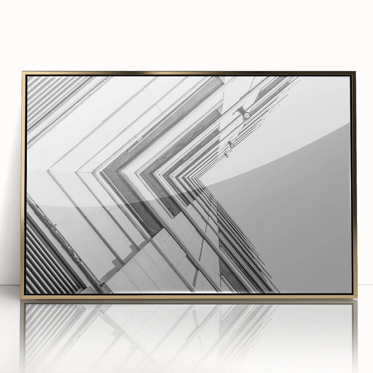 Mid-century modernist art poster with geometric shapes in gold and teal, acrylic framed, suited for nursery wall art.