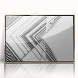 Mid-century modernist art poster with geometric shapes in gold and teal, acrylic framed, suited for nursery wall art.