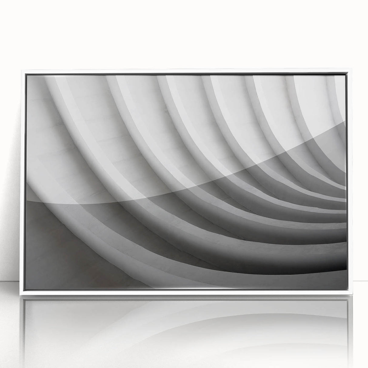 Large framed acrylic print of a mid-century modernist abstract design in neutral tones, ideal for nursery wall art.