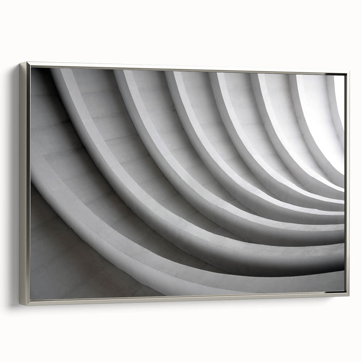 Vintage poster art of a vibrant cityscape on a silver-framed canvas, ideal for living room decor.