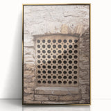 Framed acrylic print of a mid-century modernist abstract design in gold and black tones, suitable for modern art wall decor.