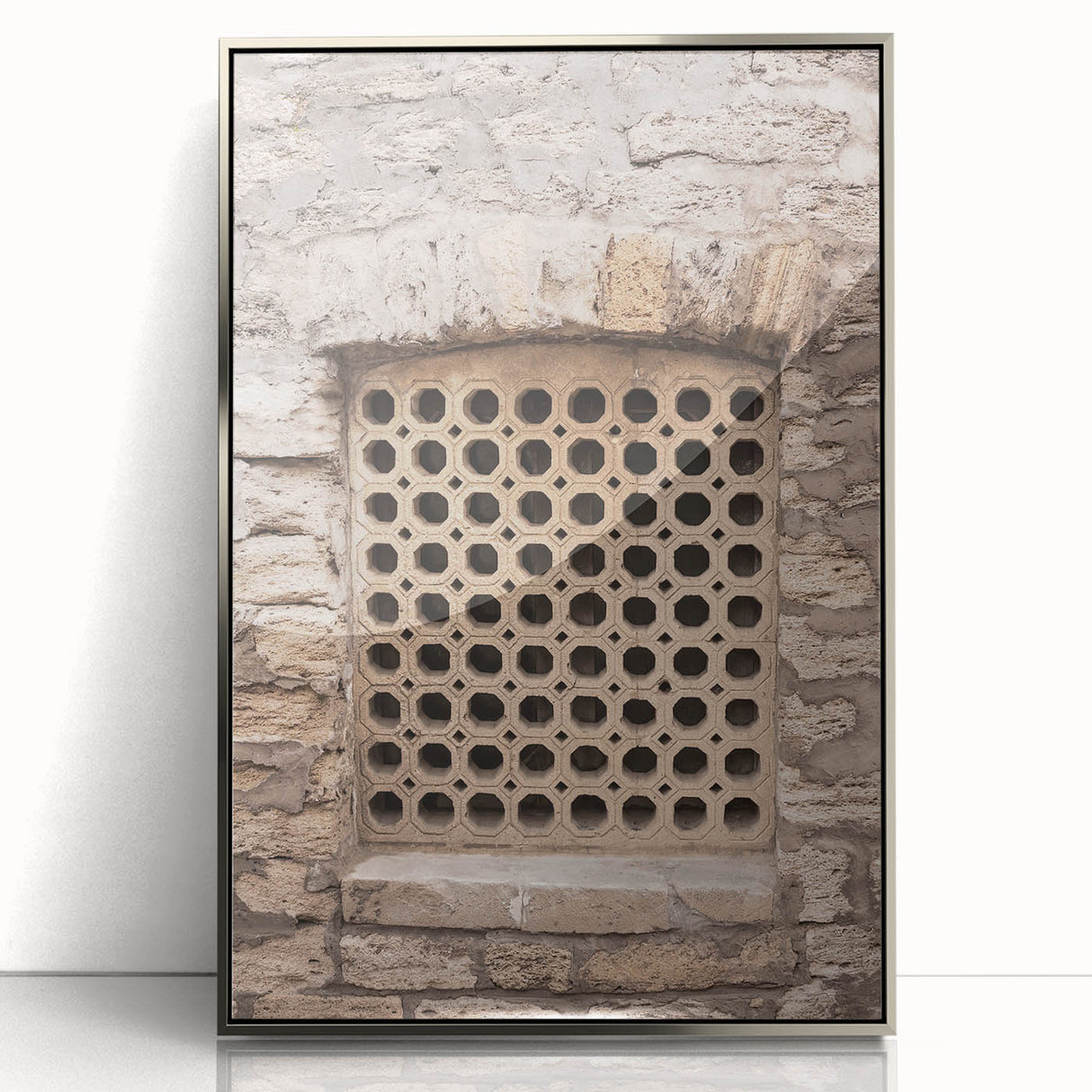 Mid-century modernist art deco poster featuring geometric shapes in silver and gray tones, framed acrylic.