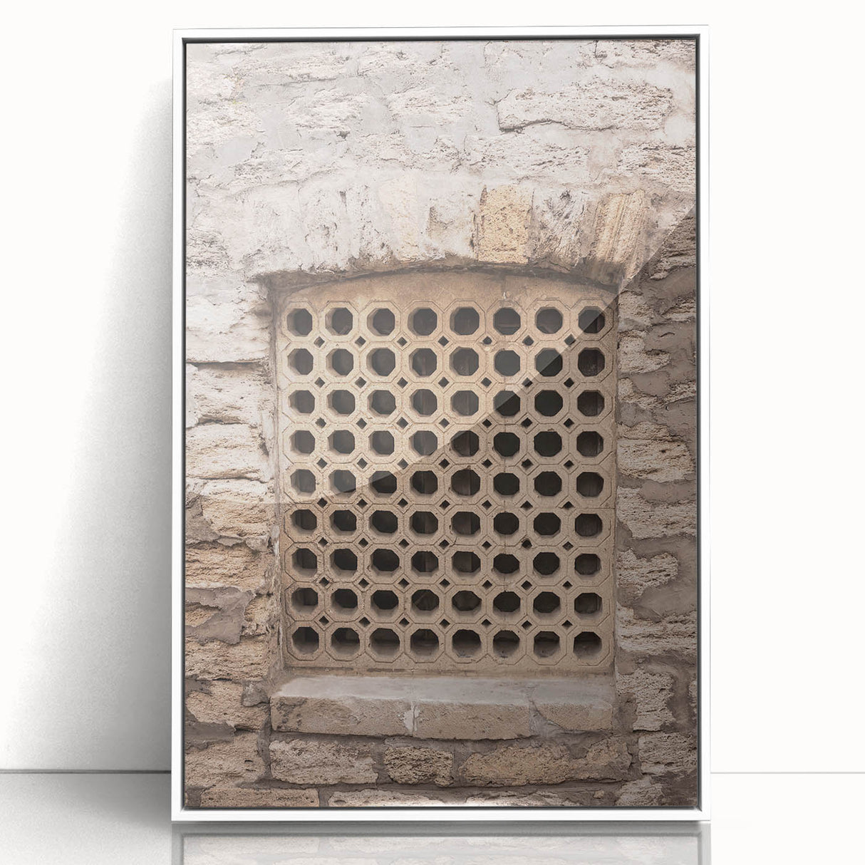 Art deco poster featuring geometric patterns in soft pink and cream, acrylic framed, ideal for nursery wall art.