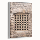 Vintage poster art on framed canvas featuring colorful abstract design, ideal for living room decor.