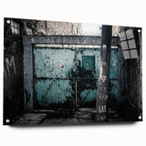 Large abstract wall art on acrylic glass depicting swirling blue and white patterns.