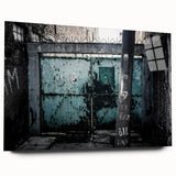 Large abstract wall art print in vibrant blue and orange tones on acrylic glass.