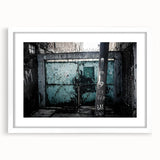 Abstract art print featuring swirling blue and gray tones on a framed white canvas.