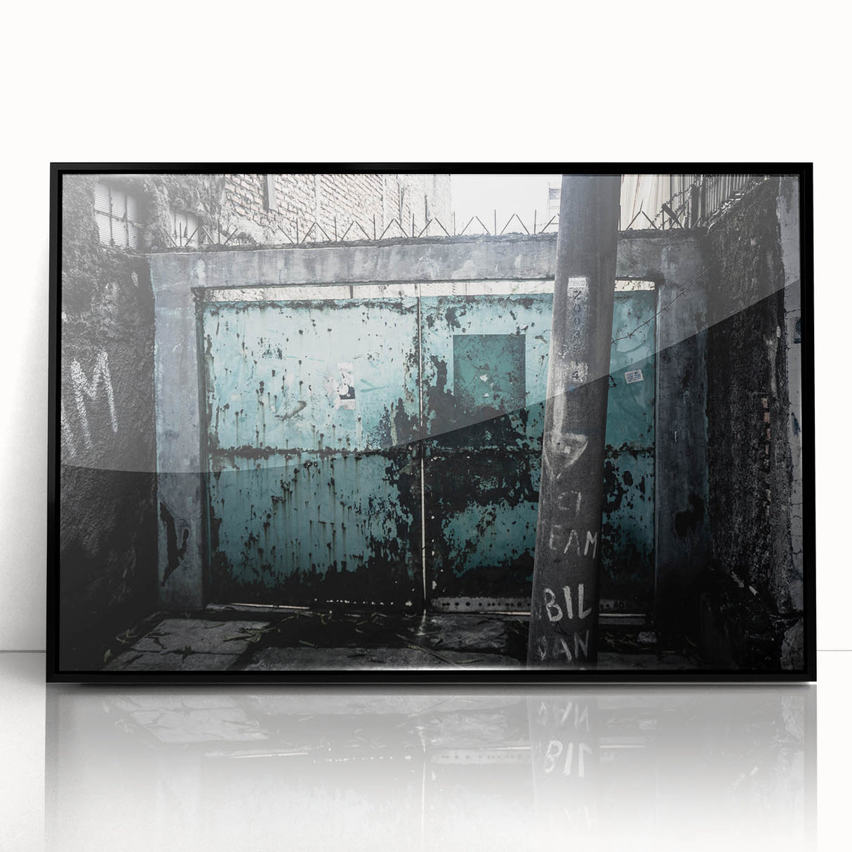 Large abstract wall art in blue and gray tones on acrylic, framed, embodying mid-century modernist style.