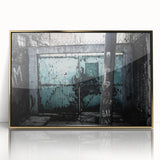 Large art print of an abstract mid-century modernist design in gold and white tones on acrylic.