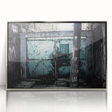 Mid-century modernist art featuring geometric shapes in muted earth tones, displayed in a silver acrylic frame.