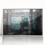 Art deco poster featuring geometric shapes in muted gold and teal, framed in white acrylic, suitable for nursery wall art.