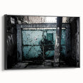 Framed canvas featuring a black and white landscape painting with vintage poster art style, ideal for bedroom decor.