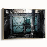 Side view of a framed canvas featuring a black and gold vintage landscape painting, ideal for bedroom wall decor.