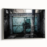 Framed canvas featuring a vintage poster-style landscape art painting with colorful elements on a black background.