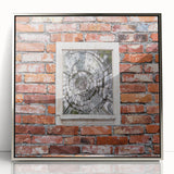 Mid-century modernist art deco poster in acrylic frame, featuring geometric shapes in muted colors.