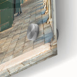 Large abstract wall art in acrylic glass featuring bold blue and orange swirls.