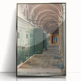 Mid-century modernist art deco poster in acrylic frame, featuring geometric shapes in muted silver tones.