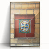 Framed acrylic print of a mid-century modernist abstract design in muted gold and cream tones.