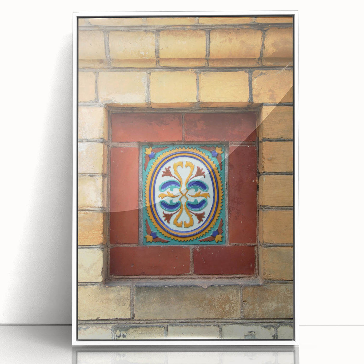 Art Deco poster featuring geometric shapes in gold and black on a white acrylic framed print.