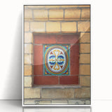 Art Deco poster featuring geometric shapes in gold and black on a white acrylic framed print.