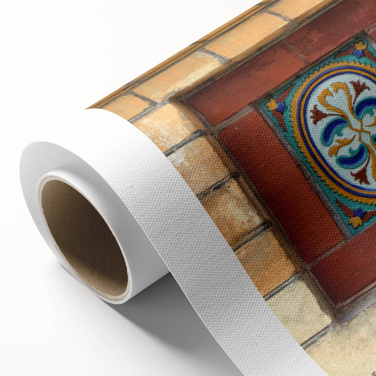 Art deco style poster on rolled canvas featuring geometric patterns in muted gold and teal colors.