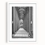 Abstract art print featuring swirling blue and gray tones on a white framed canvas.