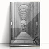 Mid-century modernist art deco poster in acrylic frame, featuring geometric shapes in muted earth tones.