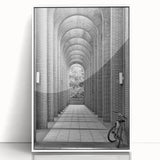 Art deco poster featuring geometric shapes in muted gold and navy, framed acrylic print, suitable for nursery wall decor.