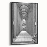 Black and white landscape painting on a framed canvas, featuring a serene vintage poster art style.