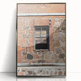 Mid-century modernist art featuring geometric shapes in muted blue and beige on a framed acrylic panel.