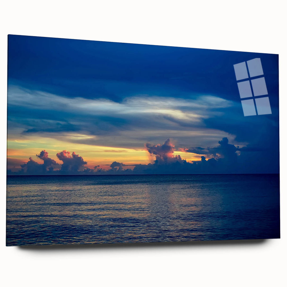 Large abstract wall art in vibrant blue and orange on acrylic glass, ideal for bedroom or dining room decor.