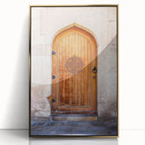 Framed acrylic print of a mid-century modernist abstract design in gold and white tones, suitable for nursery wall art.