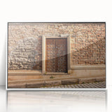 Art deco poster featuring a geometric pattern in muted gold and white tones, framed in acrylic, ideal for nursery wall decor.