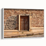 Vintage poster art on framed canvas, featuring colorful abstract design with black accents, ideal for living room decor.