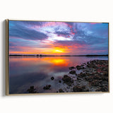 Framed canvas landscape painting depicting a serene lakeside view in soft gold and black tones, ideal for bedroom wall art.