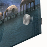 Large abstract wall art in acrylic print featuring mid-century modernist style with vibrant blue and orange tones.