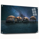 Large abstract wall art on acrylic glass featuring swirling blue and white patterns.