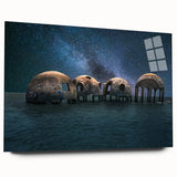 Large abstract wall art in vibrant orange and blue tones on acrylic glass, suitable for bedroom or dining room decor.