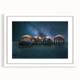 Abstract art print featuring swirling blue and gray tones on a white framed canvas.