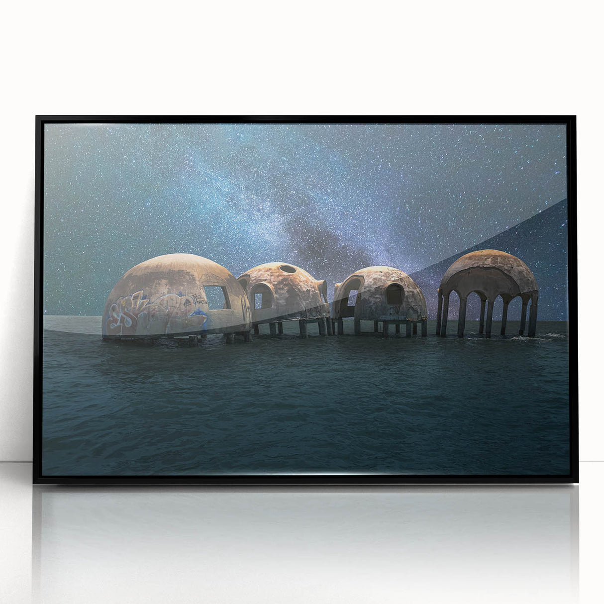 Large abstract wall art featuring swirling blue and gray tones on a framed acrylic print, suitable for modern art wall decor.