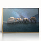 Large art print of a mid-century modernist abstract design in gold and white tones, framed acrylic.