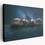 Large abstract art on stretched canvas featuring swirling blue and white tones, suitable for kitchen wall decor.