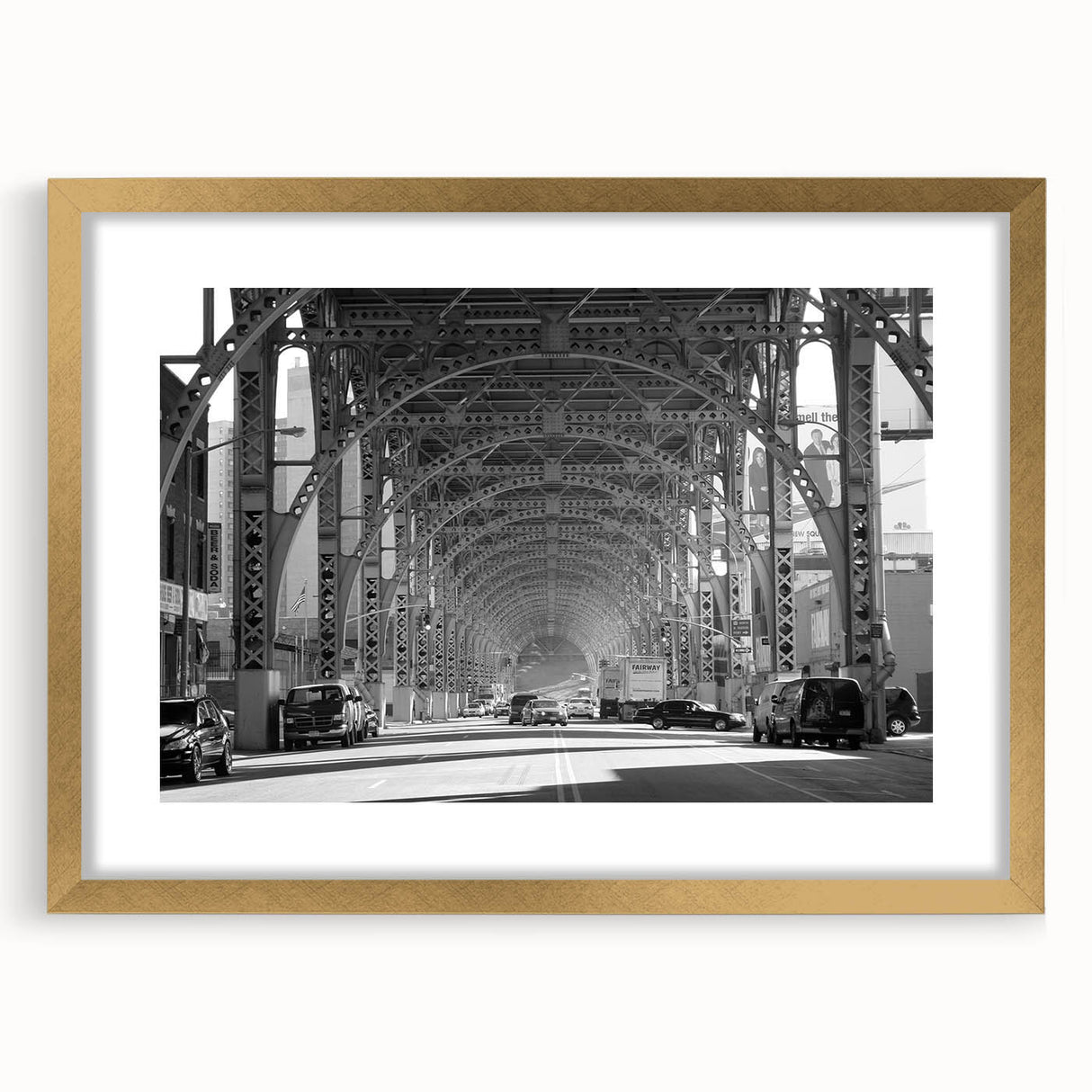 Textured abstract art print in gold and white tones on a framed canvas, suitable for bedroom decor.