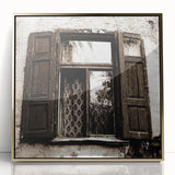 Large art print of a mid-century modernist abstract design in gold and black tones, framed acrylic.